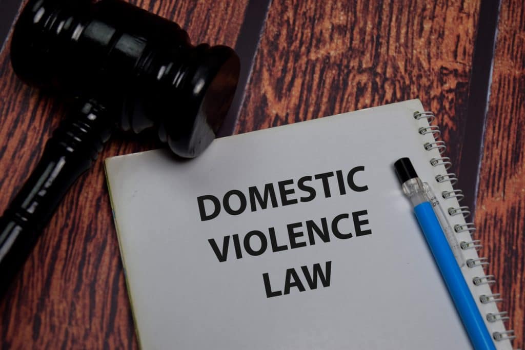 Book about Domestic Violence Law isolated on wooden table.