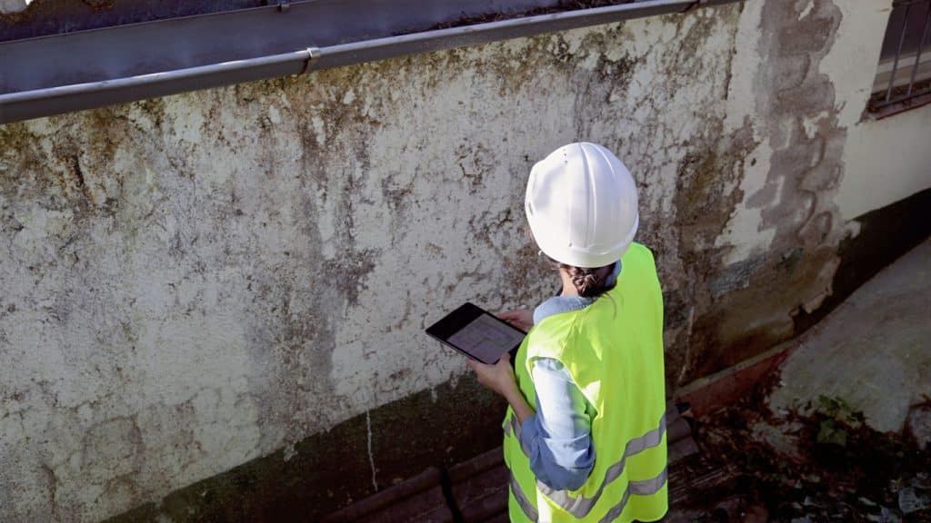 Building inspector in hardhat and high-visibility vest documenting wall damage with a digital tablet, assessing the extent of mold, dampness, and decaying plaster on an old facade